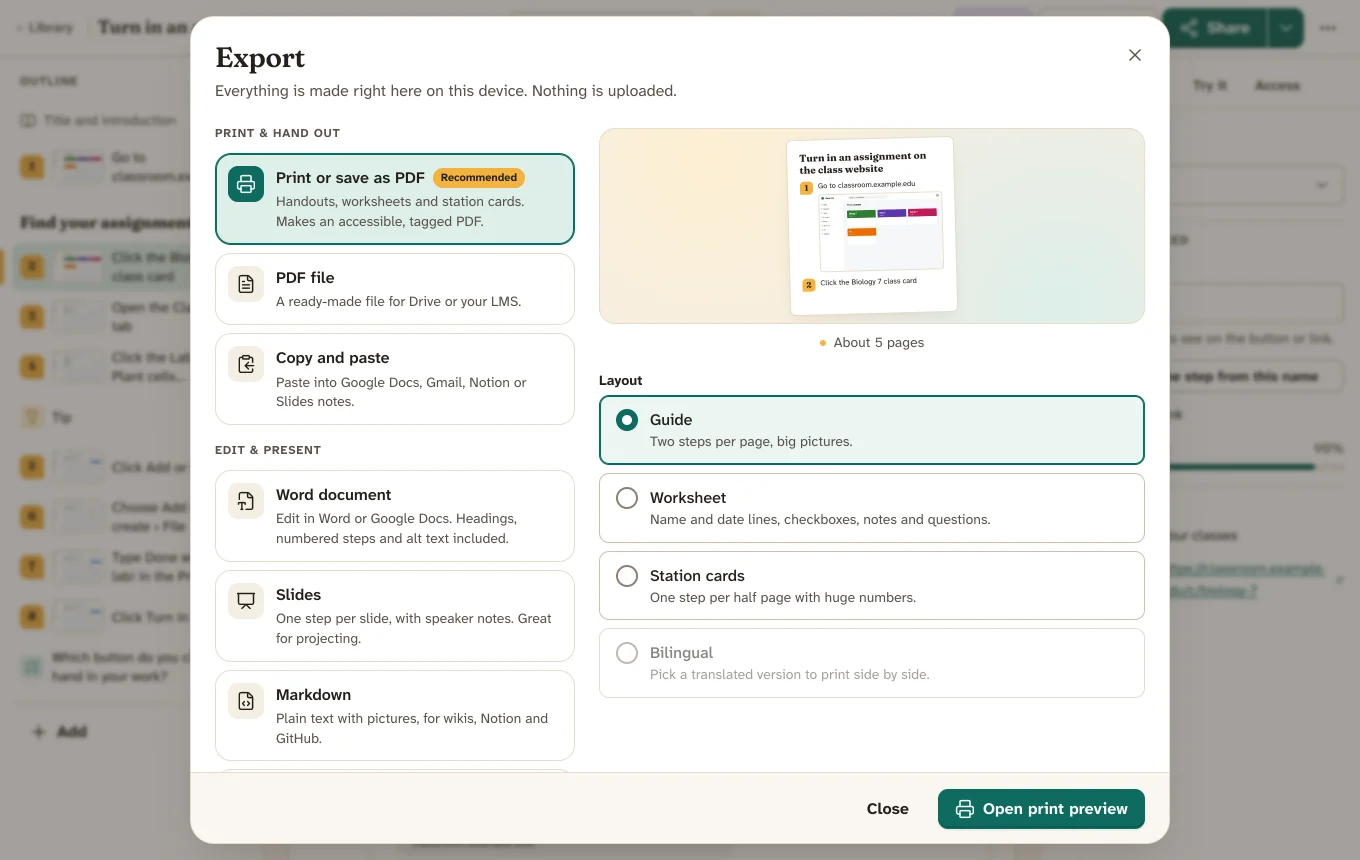 The Export dialog listing Print or save as PDF, PDF file, Copy and paste, Word document, Slides and Markdown, with a page preview and layout choices.