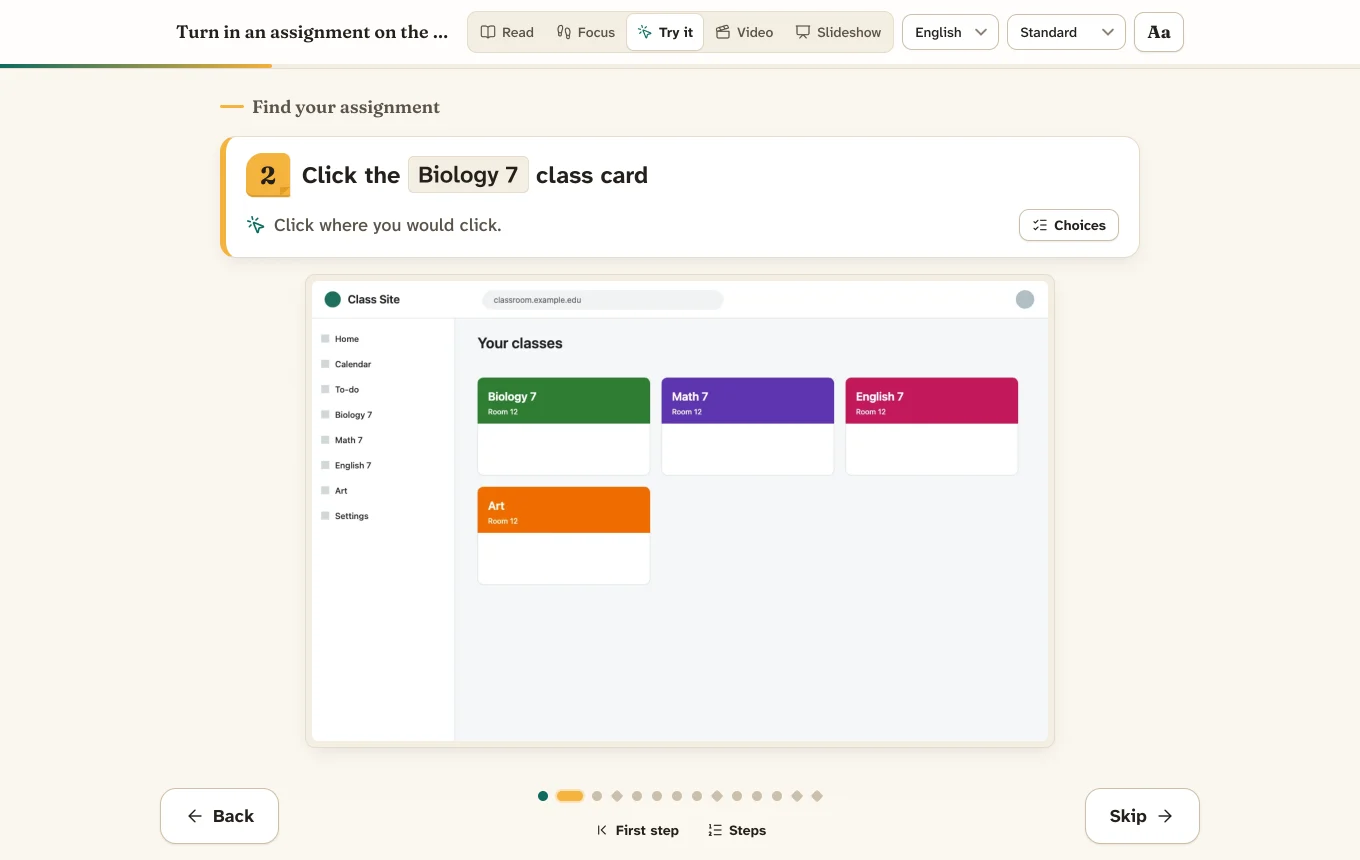 The student player in Try it mode. The step reads: Click the Biology 7 class card. Students click where they would click on the screenshot.