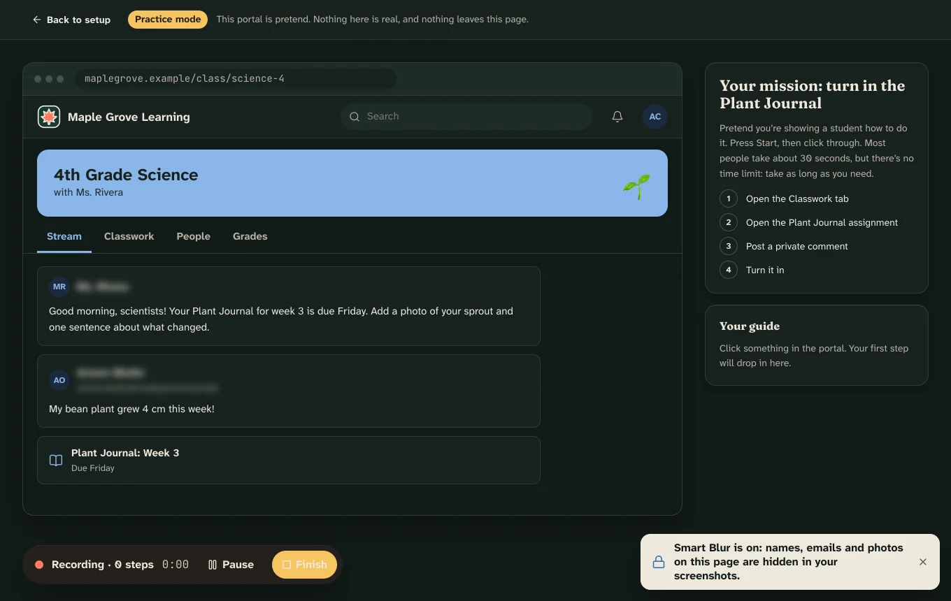 The Pathlight practice portal while recording: a pretend class website, a mission list on the right, and the recording bar with Pause and Finish at the bottom.