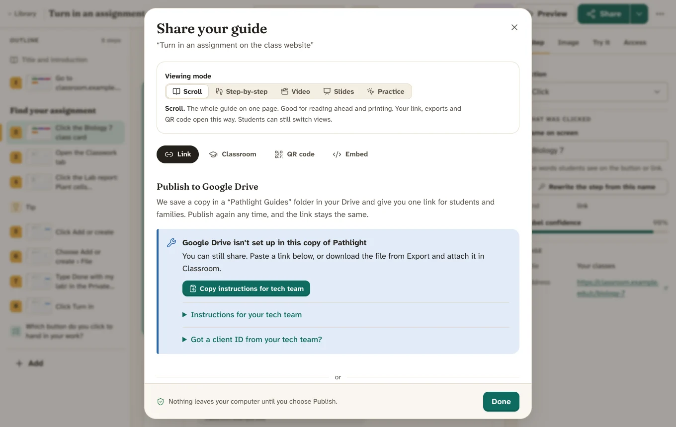 The Share dialog with tabs for Link, Classroom, QR code and Embed, and a note: Nothing leaves your computer until you choose Publish.